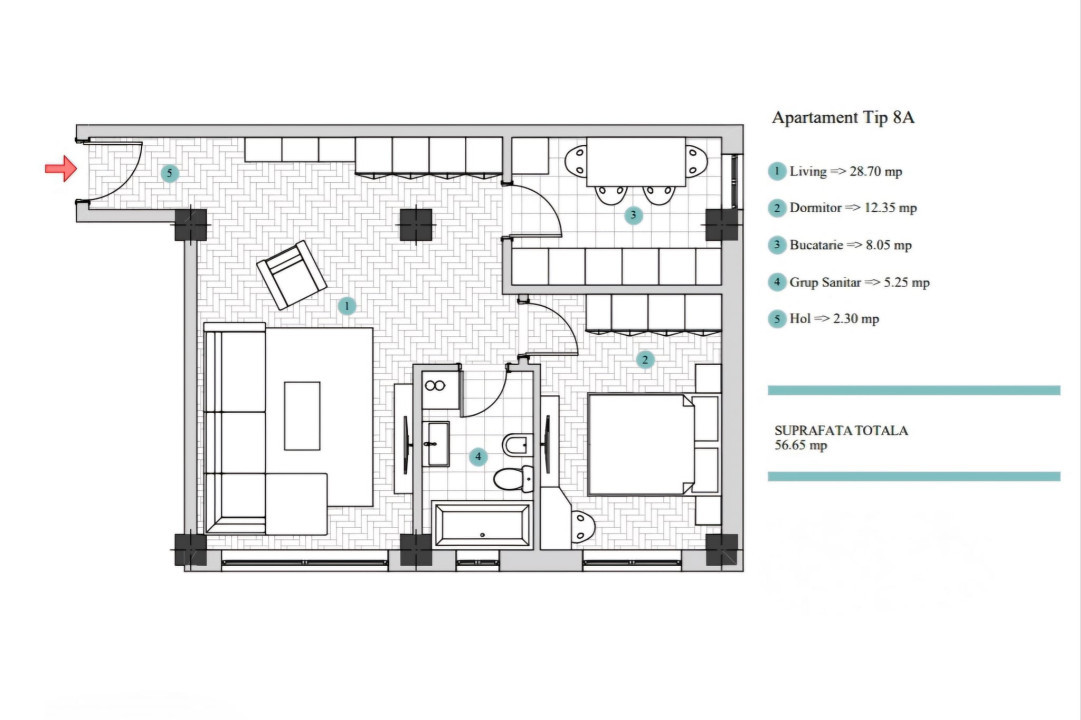 Apartament cu 2 camere în Galata-Platoul Însorit 