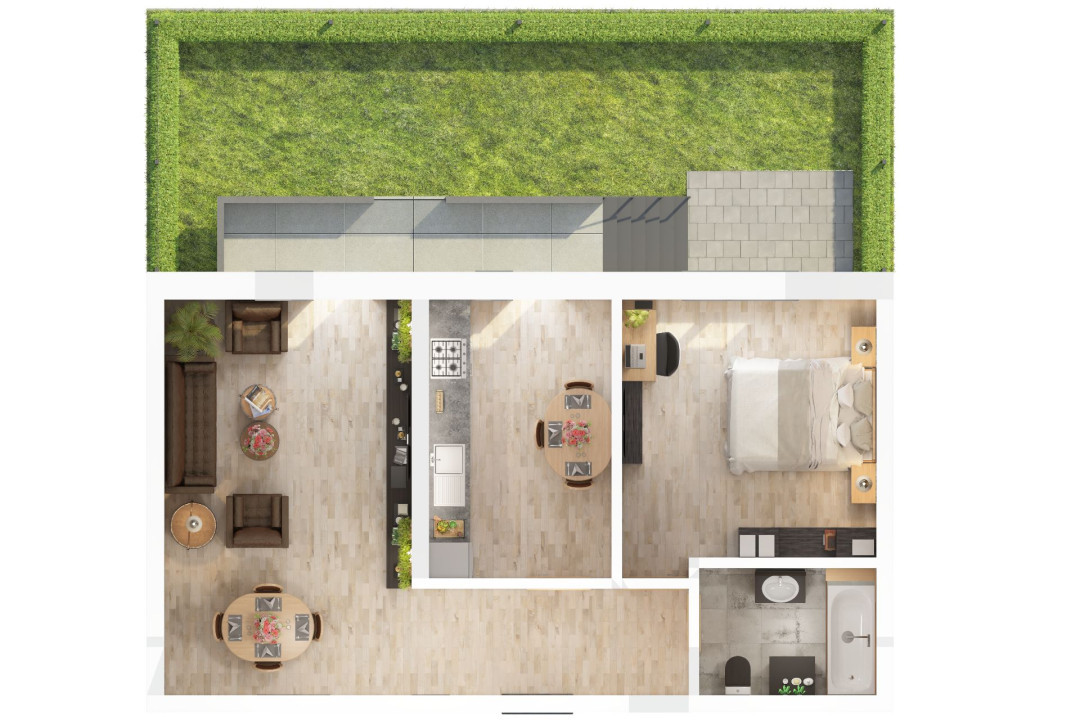 Apartament 2 camere – Suprafață 56.15mp utili + balcon 6.7mp -Grădină 40.3 mp 